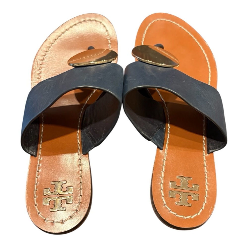 Tory Burch Patos Gold Disk Navy Leather Flat Slide Sandals Size 6.5M SH13 - Picture 4 of 6